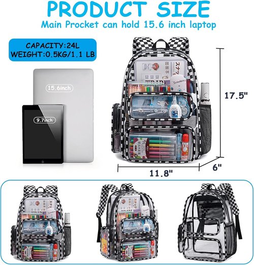 CAMTOP Clear Backpack - Heavy Duty Transparent Book Bag for School, Work & Travel | Check Design