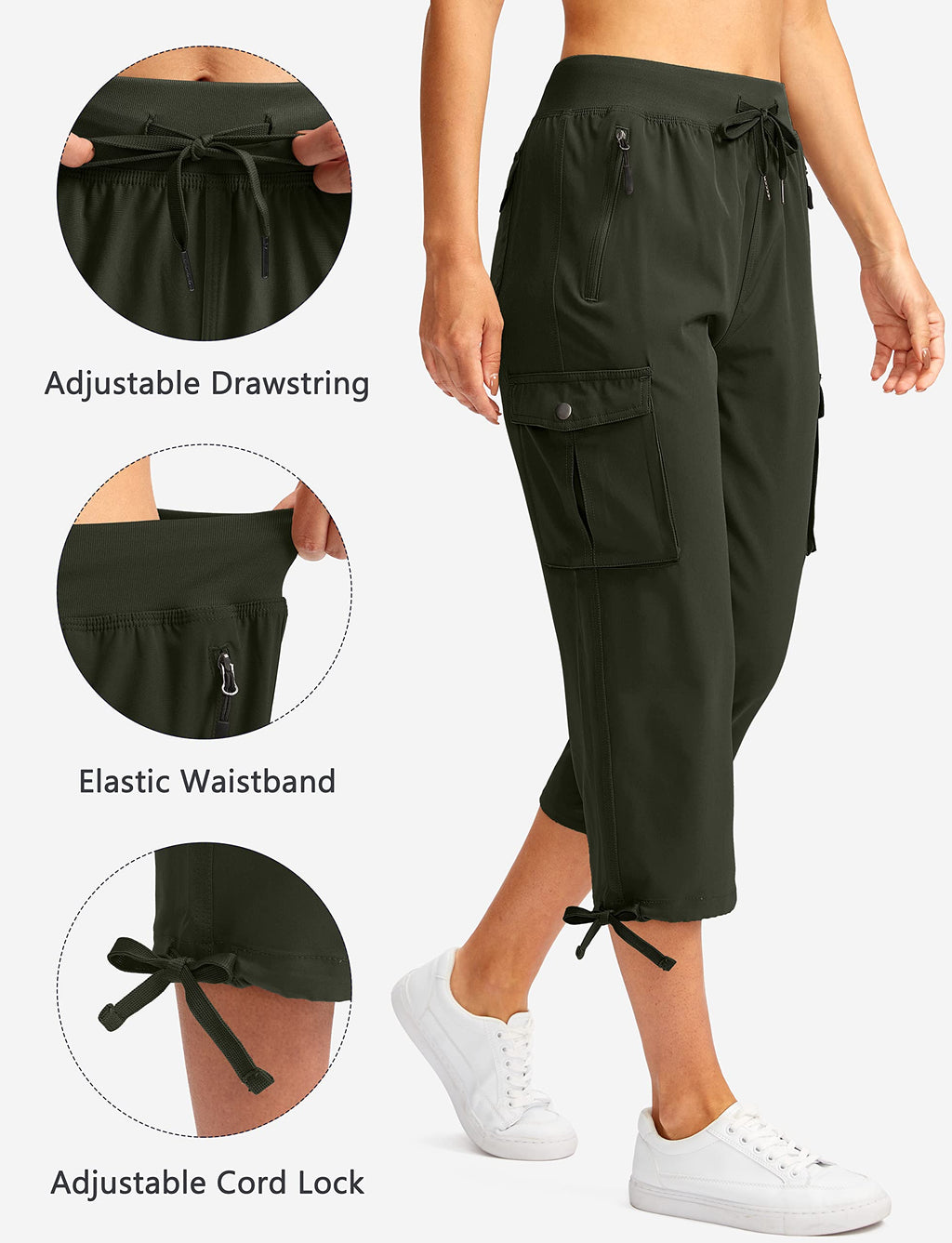 Soothfeel Women's Cargo Capris Pants with 6 Pockets Lightweight Quick Dry Travel Hiking Summer Pants for Women Casual (Army Green, XXL)