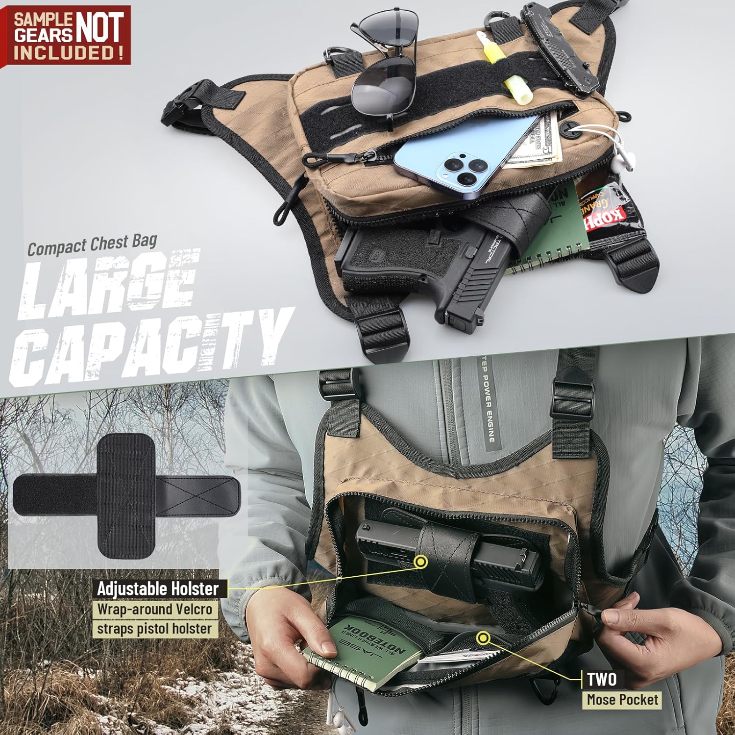 Skiennix Outdoor Sport Chest Rig - Versatile Running Vest Bag with Phone Holder | Brown for Cycling & Hiking