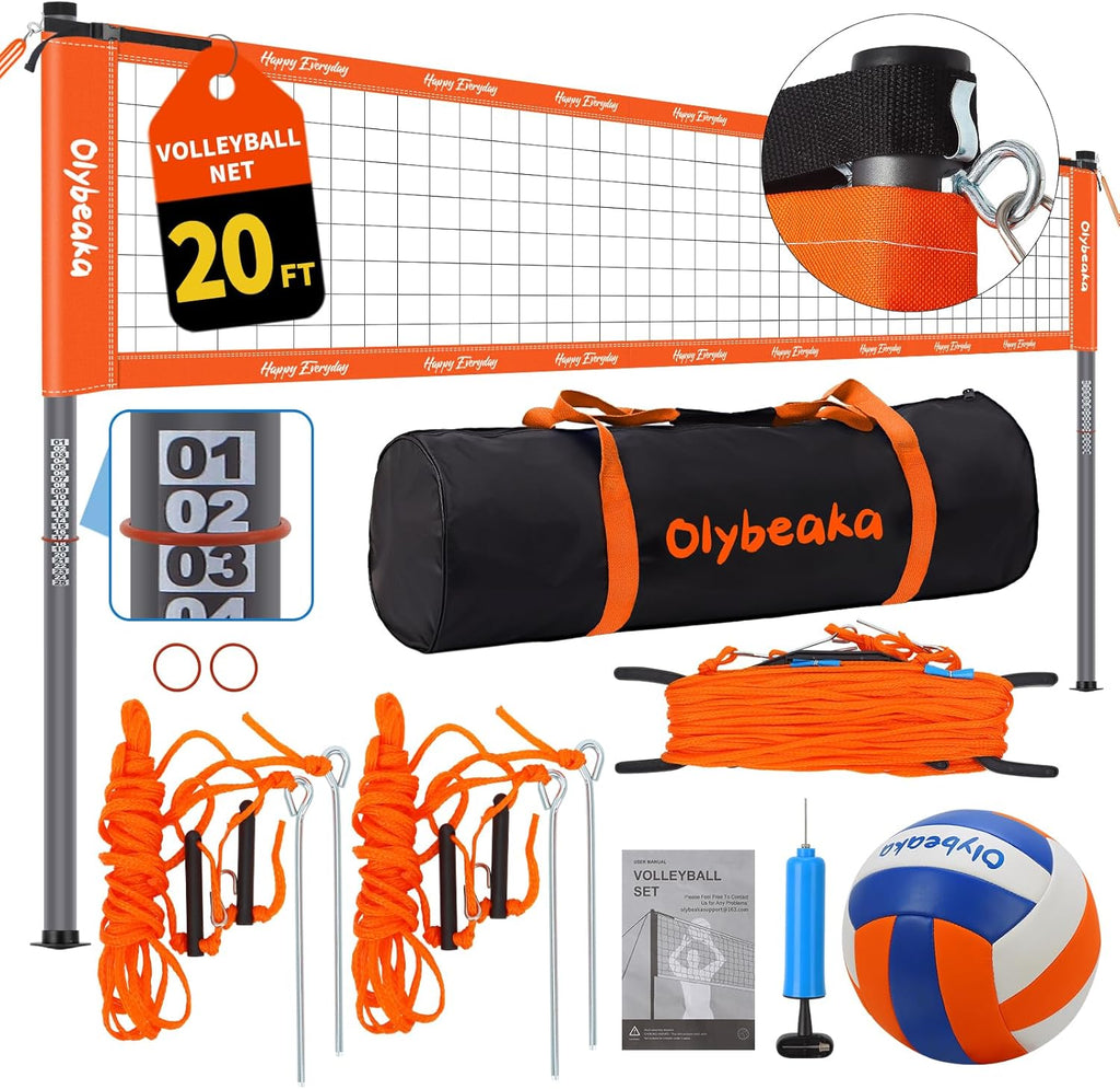 Regine Switzerland 20ft Portable Volleyball Net Set - Heavy Duty Poles, Durable PE Net, Includes Volleyball & Pump