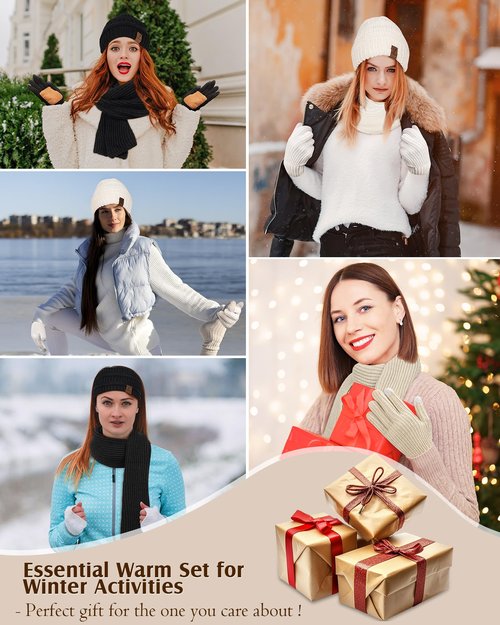 Women Beanie Scarf Gloves Headband Set, Winter Fleece Lined Hat Ear Warmer Knit Scarf Women Gloves Gift Set 4 in 1