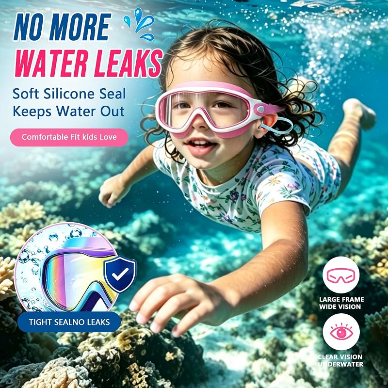 Kids Swim Goggles Anti-Fog Panoramic 180° View for Girls & Boys 3-16 – Pink/Green & Pink/White