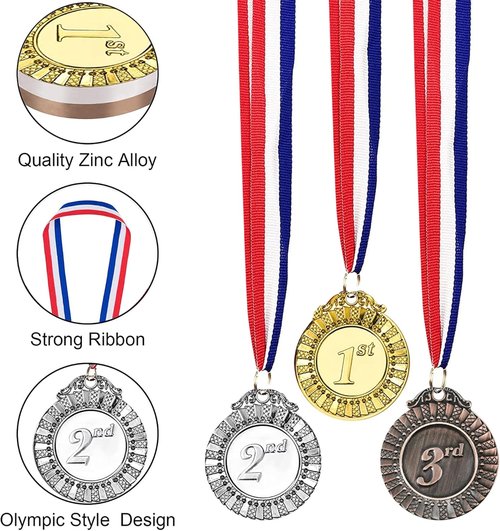 MOMOONNON 12-Piece Metal Award Medals Set - Gold, Silver, Bronze with Red, White, Blue Ribbons | 2 Inch
