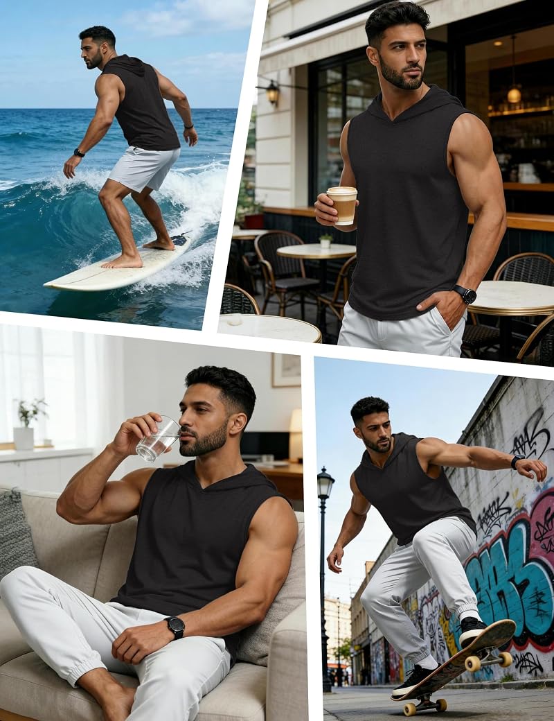 Cotrasen Black Medium Sleeveless Hoodies for Men – Light Weight UPF 50+ Sun Protection Tank Top