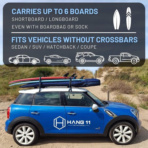 Hang 11 Surfboard Roof Rack - Soft Padded Design with No-Scratch Buckles | Fits Most Vehicles, Carries Up to 6 Boards