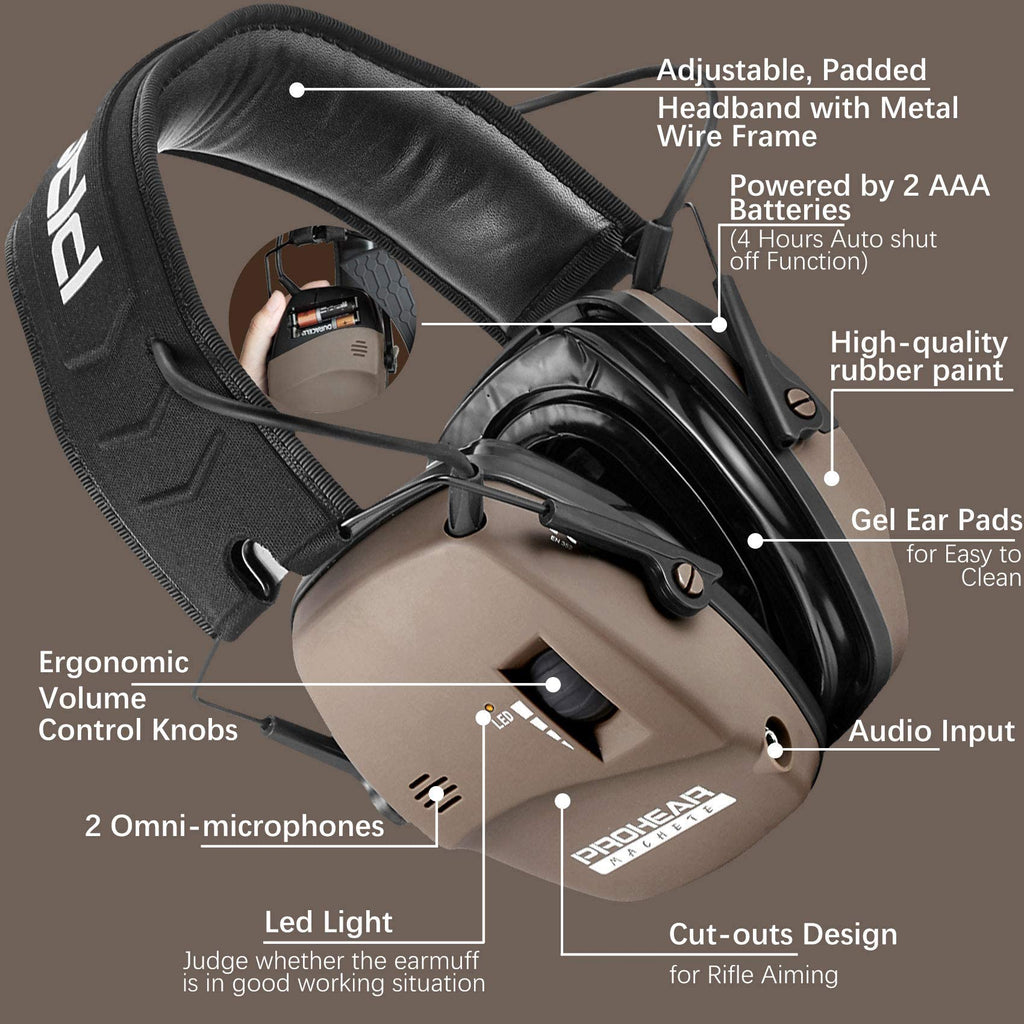 PROHEAR Digital Electronic Shooting Ear Protection Muffs with GEP02 Gel Ear Pads, Hunting 5X Sound Amplification Earmuffs, NRR 23dB Low Profile Hearing Protection for Gun Range - Brown