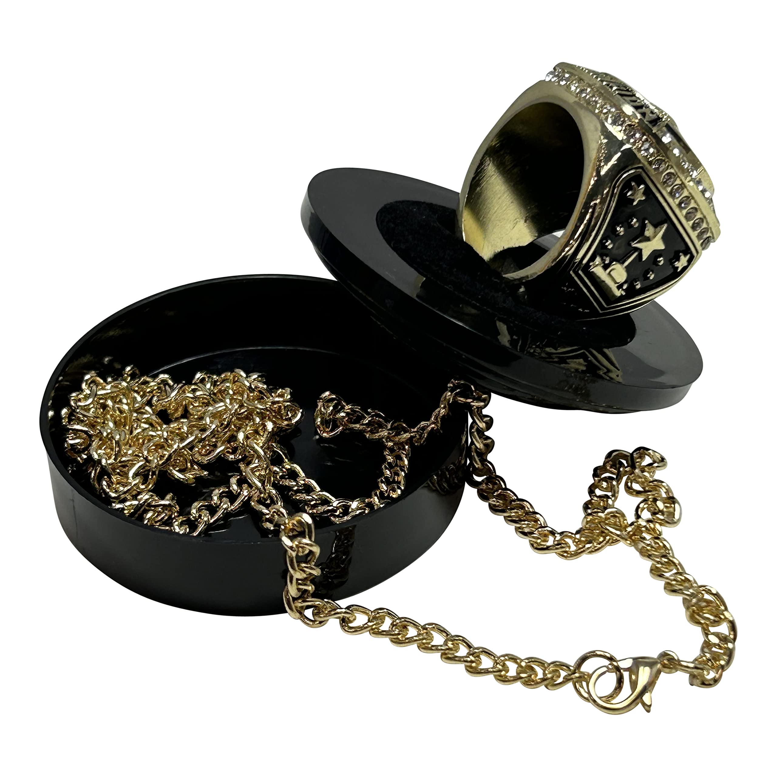 Express Medals Champion Gold Color Trophy Ring with Crimson Red Synthetic Center Stone Award Gift Fantasy Prize with Display Neck Chain and Stand Championship Rings