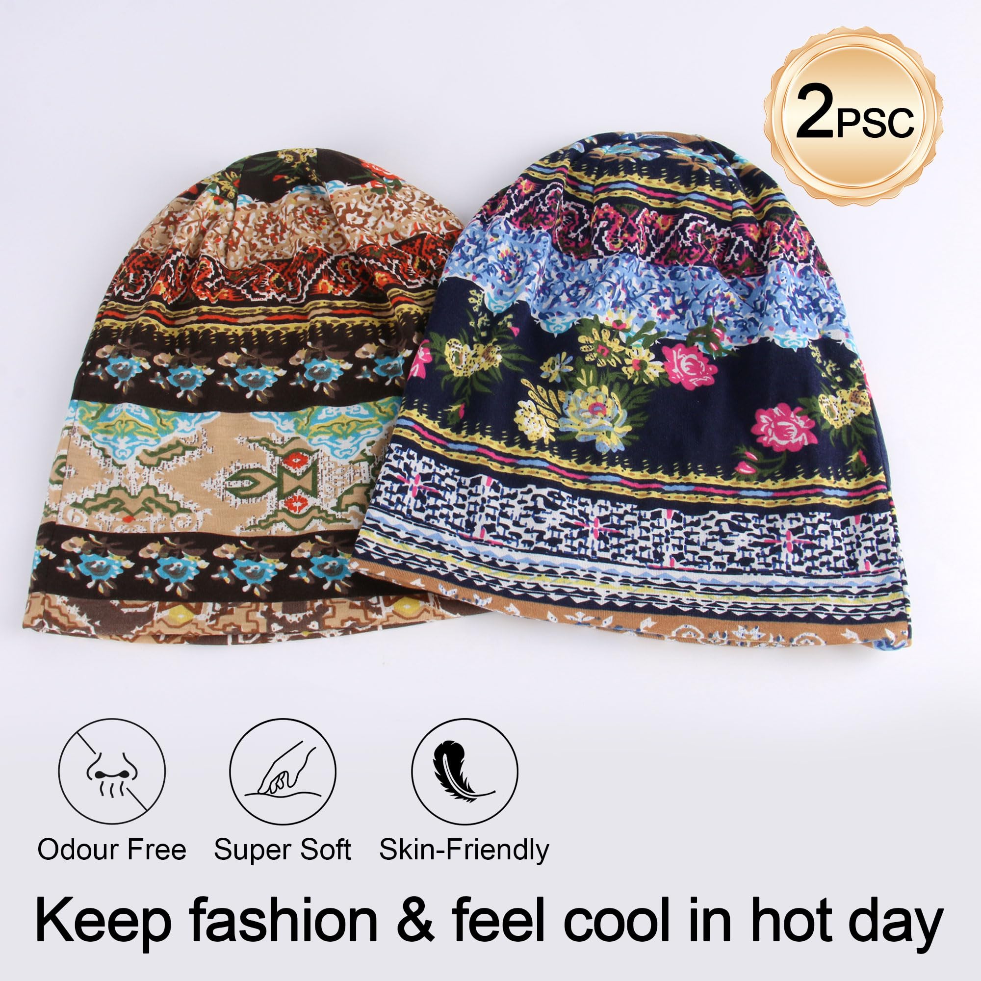 Women's Summer Beanie for Men Hat Boho Hats Adult Dwarf Hats Chemo Cap Cancer Headwear Caps Baggy Skull Sleep Cap Nightcap (A-1332Pack)