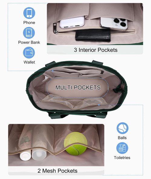 Kasqo Tennis Bags for Women, Large Water Resistant Pickleball Tote Bag Men 2 Rackets Lightweight Crossbody Shoulder Bag for Gym Sport Green