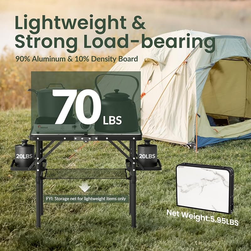 Titanker Small Folding Camping Table 2ft with Side Racks and Net (White Marble & Storage Net) – Portable Beach/Car Picnic Table