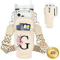 LOKASS Personalized Water Bottle Holder with Strap for Stanley Cup Accessories 40 oz, Initial Stanley Cup Holder Carrier Bag with Phone Pocket, Stylish Tumbler Accessories for Everyday Carry, Beige G