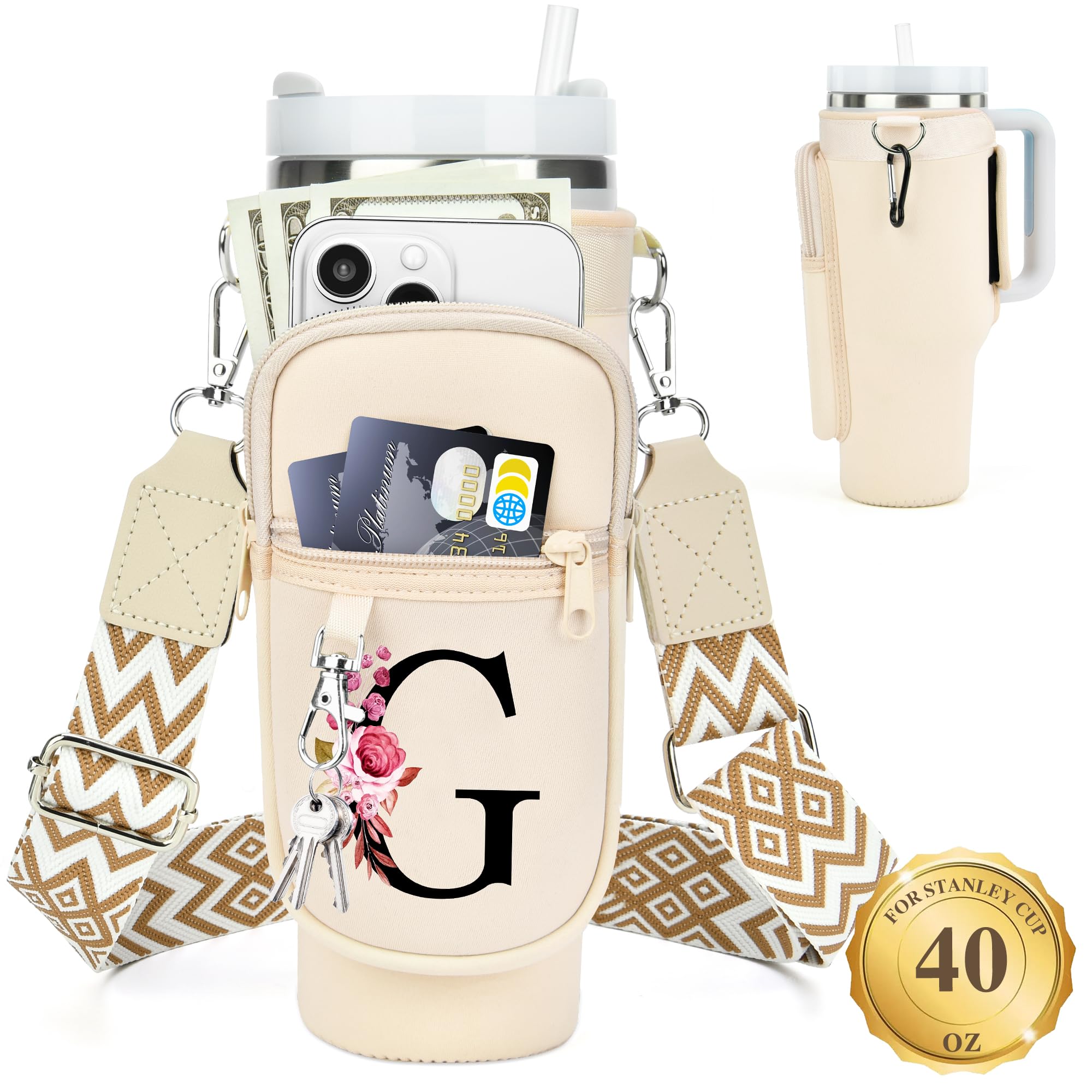 LOKASS Personalized Water Bottle Holder with Strap for Stanley Cup Accessories 40 oz, Initial Stanley Cup Holder Carrier Bag with Phone Pocket, Stylish Tumbler Accessories for Everyday Carry, Beige G
