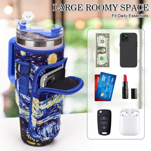 Water Bottle Holder Carrier Bag with Large Phone Pocket,Neoprene Water Bottle Carrier with Strap for Stanley 40 OZ Tumbler, Wrap Around Drink Purse Cup Holder with Straw Cover Accessories