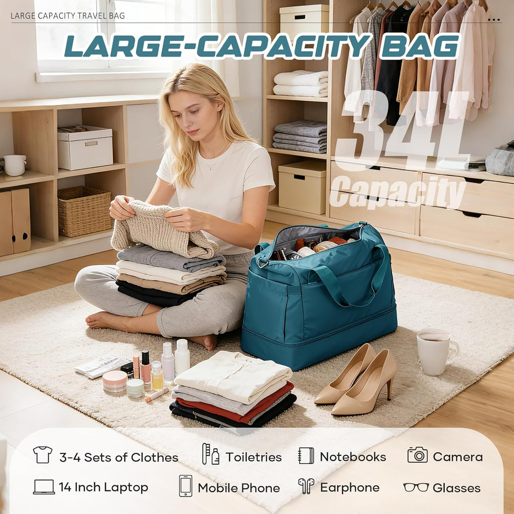 Skiennix Travel Duffel Bag - Waterproof Weekender with Shoe Compartment & Trolley Sleeve | Peacock Blue