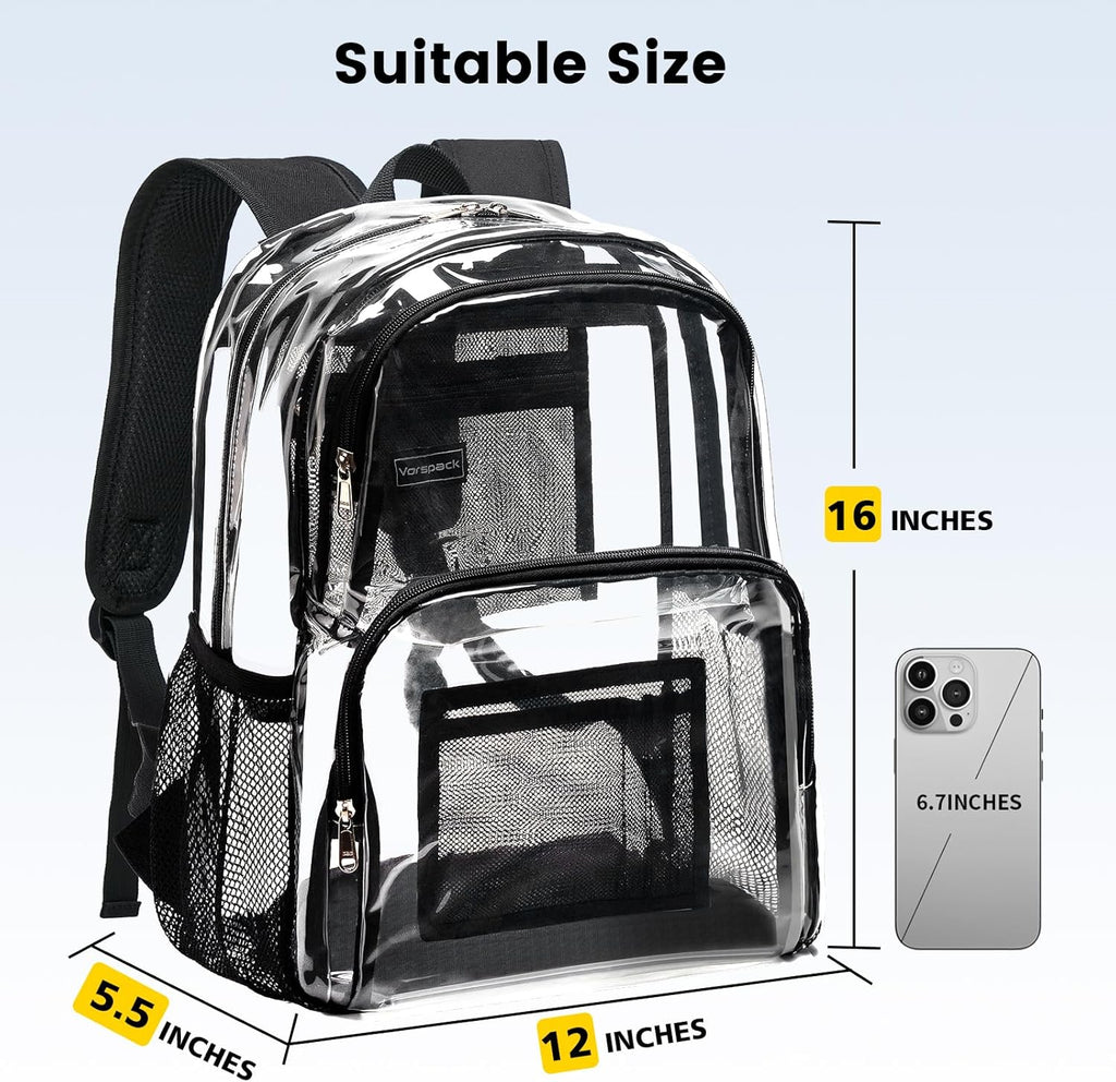 Vorspack Clear Backpack - Heavy Duty Transparent Bookbag for College & Travel | Large Black Design