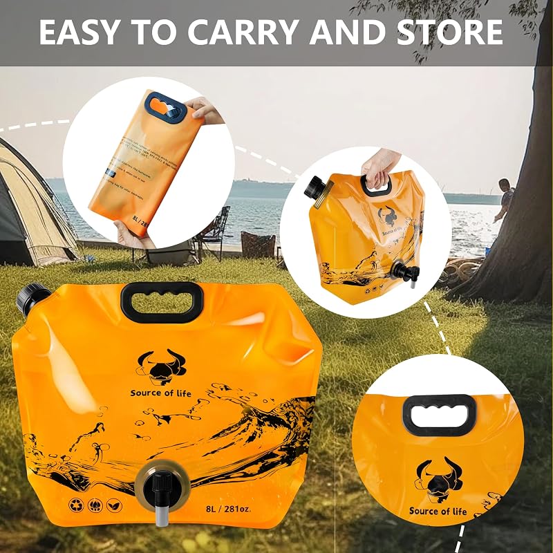 Collapsible 2.1 Gallon Water Jug with Spout - BPA-Free, 8L Camp Water Container (Orange+1)