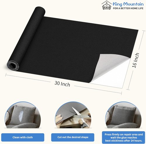 KING MOUNTAIN Canvas Repair Patch 16×30 Inch Self-Adhesive Waterproof Fabric Patch for Sofas, Tents, Furniture,Tote Bags, Car Seats (Black)