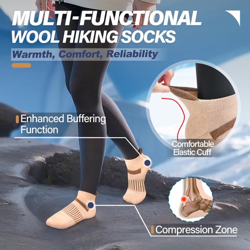 Anlisim 6 Pairs Merino Wool Ankle Running Hiking Socks Compression Support Breathable Thick Cushion No Show Socks for Women Men(Brown Beige,M)