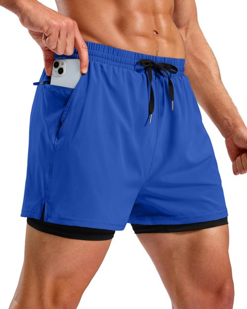 Pudolla Men's 2 in 1 Workout Running Shorts 5" Quick Dry Lined Gym Shorts Athletic with 4 Pockets for Men Tennis Training(Bright Blue Large)
