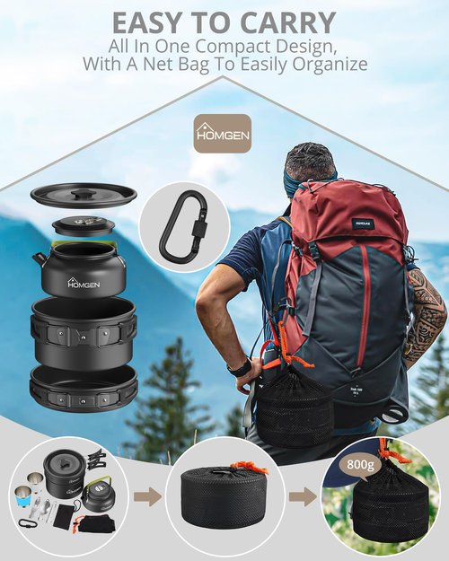 HOMGEN 12pcs Ultralight Anodized Aluminum Camping Cookware Set for 2 People - Nesting Pot/Pan with Foldable Handles 800ml Insulated Teapot & Stainless Cups- Compact Backpacking Gear for Camping Hiking
