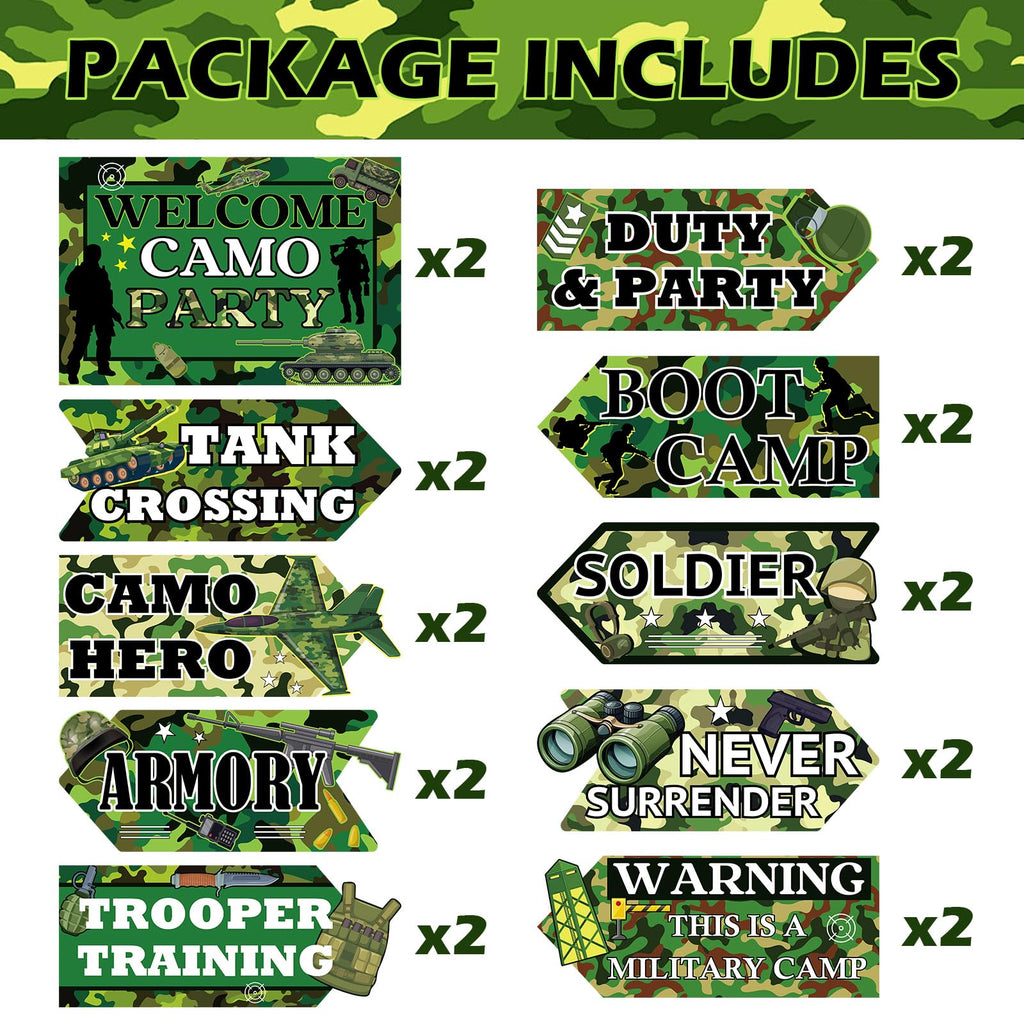 Hooqict 20 Pieces Camo Party Signs Army Birthday Party Decorations Camouflage Military Birthday Party Supplies for Boys Men Army Themed Directional Sign
