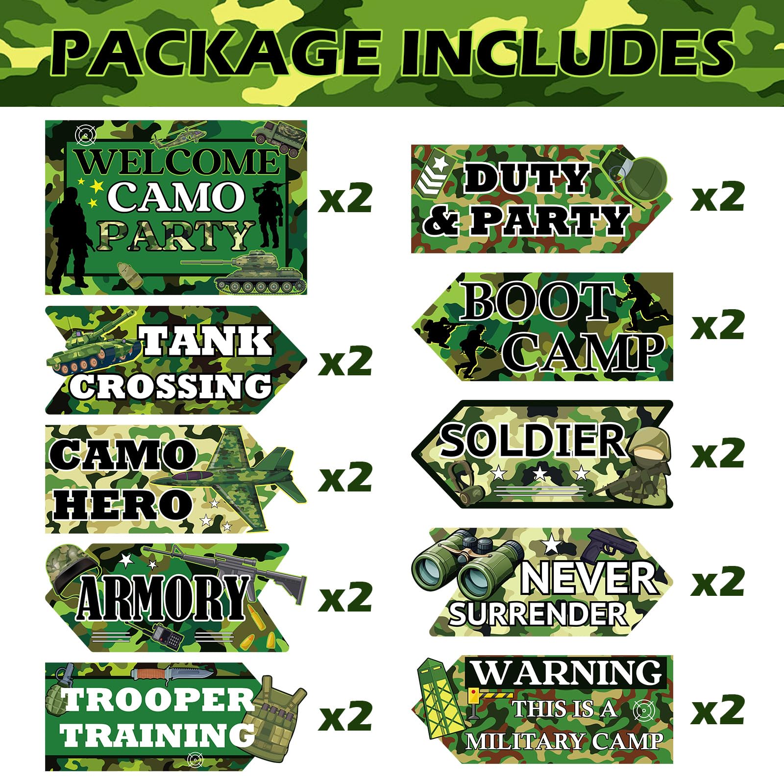 Hooqict 20 Pieces Camo Party Signs Army Birthday Party Decorations Camouflage Military Birthday Party Supplies for Boys Men Army Themed Directional Sign