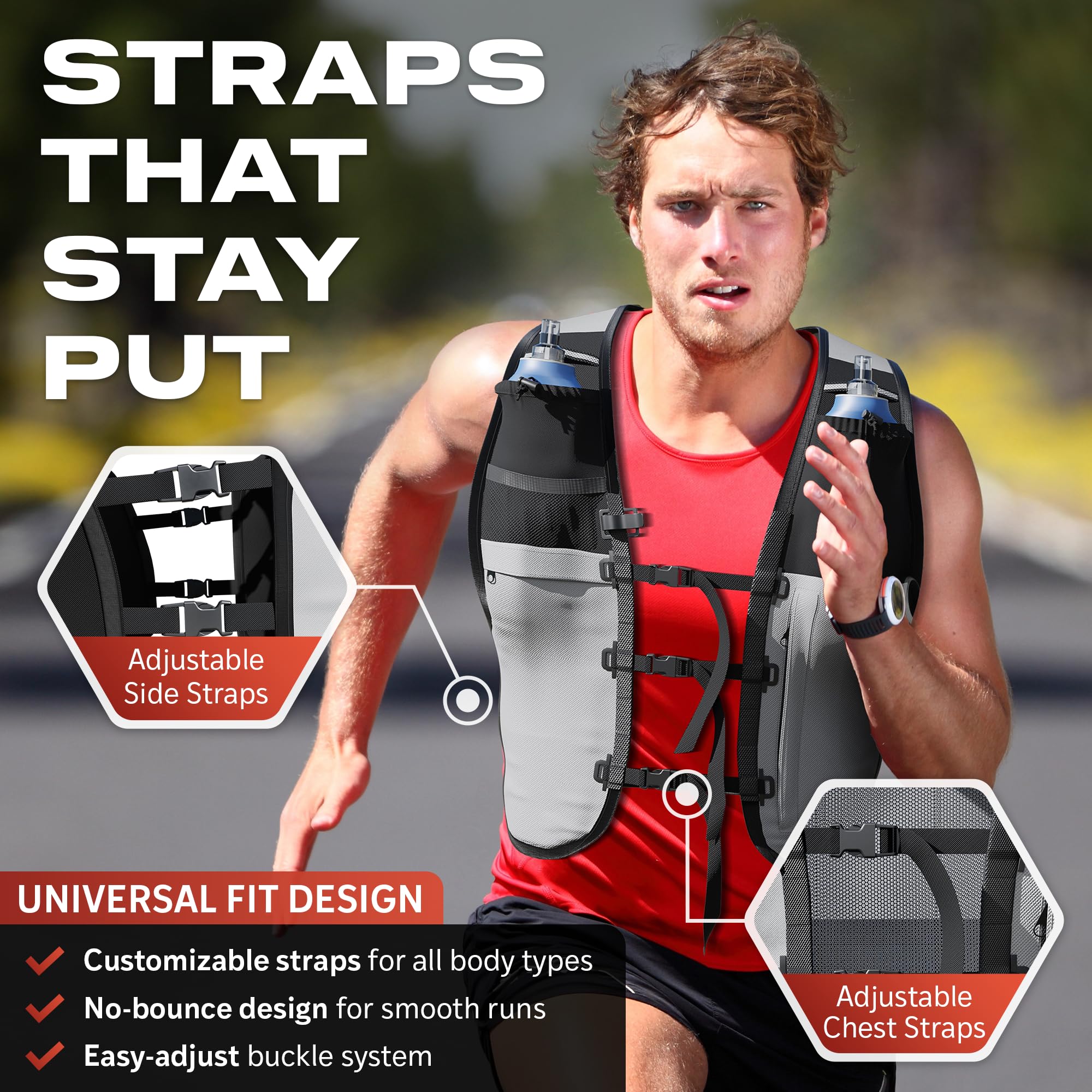 TakaFiTrail Running Hydration Vest Men - Breathable Trail Running Hydration Vest w/ 2 Water Bottles, Bladder Pouch, Ice Pack for Runners - Reflective Marathon Gear Jogging Backpack for Hiking