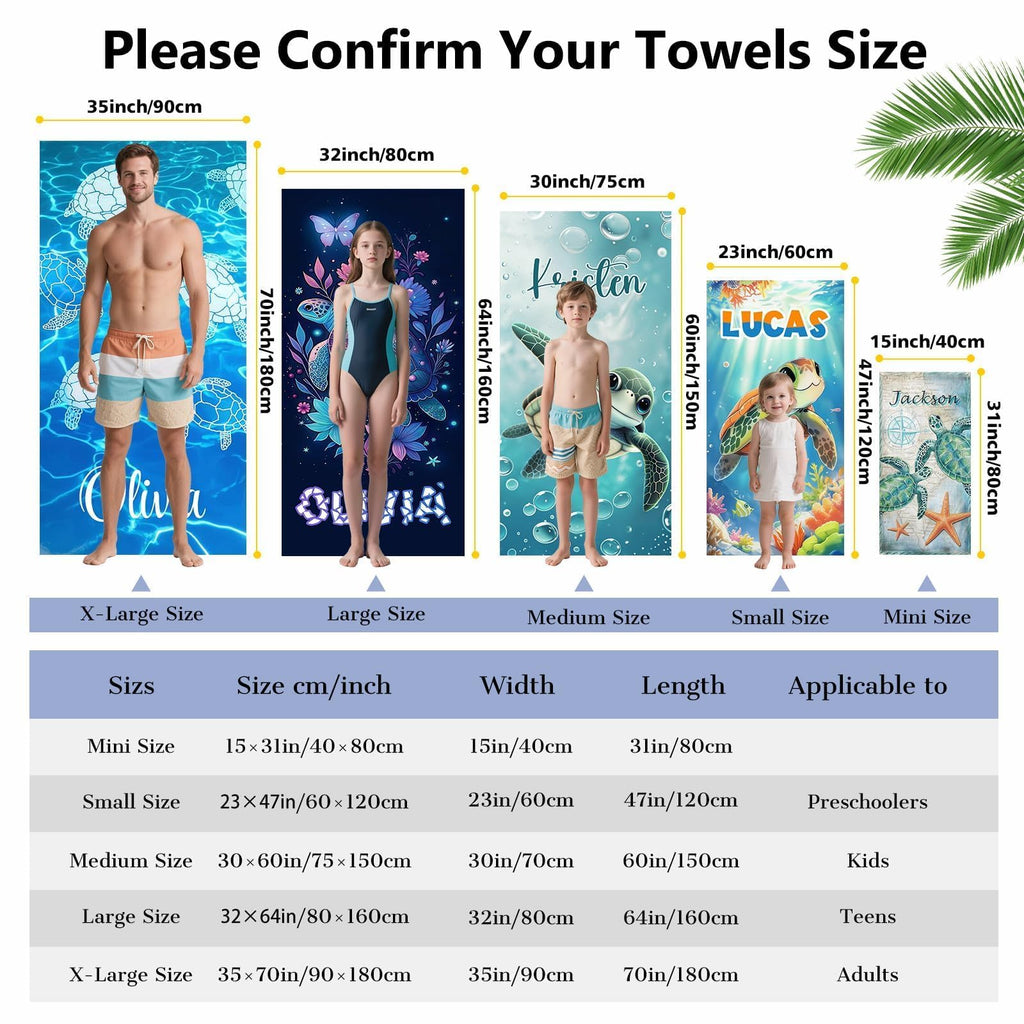 Infiher Personalized Beach Towels for Kids,Custom Kids Monogrammed Towels with Name,Customized 280gsm-420gsm Thick Soft Absorbent Beach Towel for Swim,Bath,Pool,Vacation,Gifts,Boys Turtle Towel
