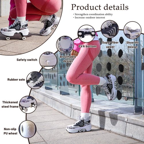 Roller Skate Shoes for Women Kids Roller Shoes Boy Girl Sneakers with Retractable Wheels Breathable Roller Skates Shoes for Christmas Birthday Children Show Gift (Black, 7.5)
