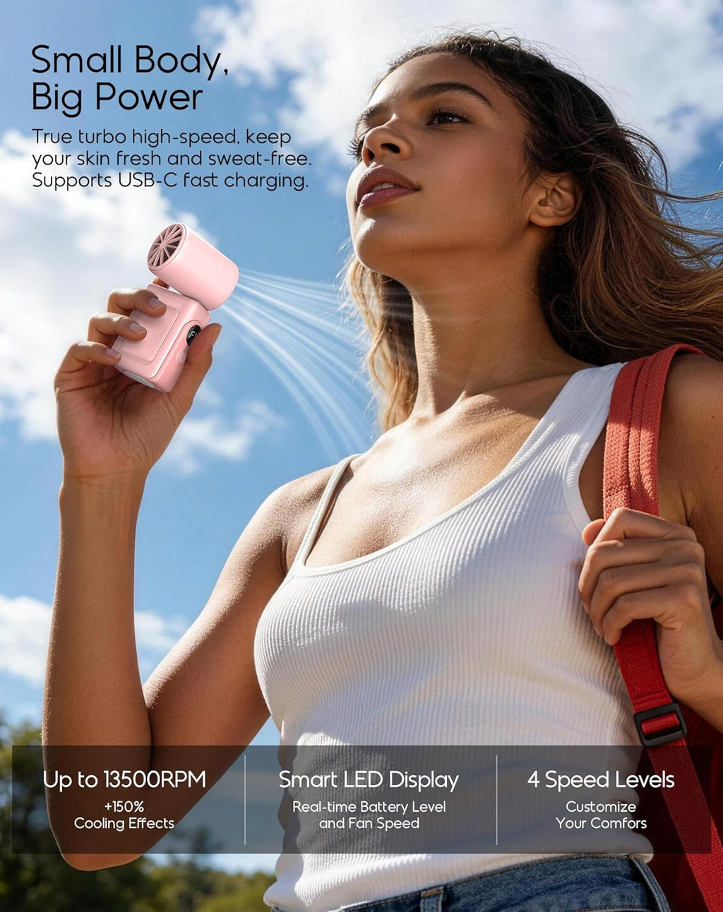 Skiennix Portable Clip-On Mini Fan - Hands-Free Rechargeable Cooling Fan with 4 Wind Speeds | Pink