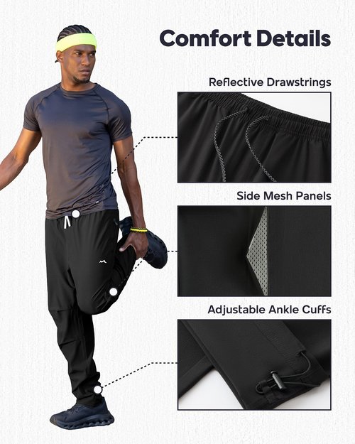 maamgic Men’s Sweatpants Joggers with Zipper Pockets, 4-Way Stretch Quick Dry Lightweight Athletic Hiking Pants Black