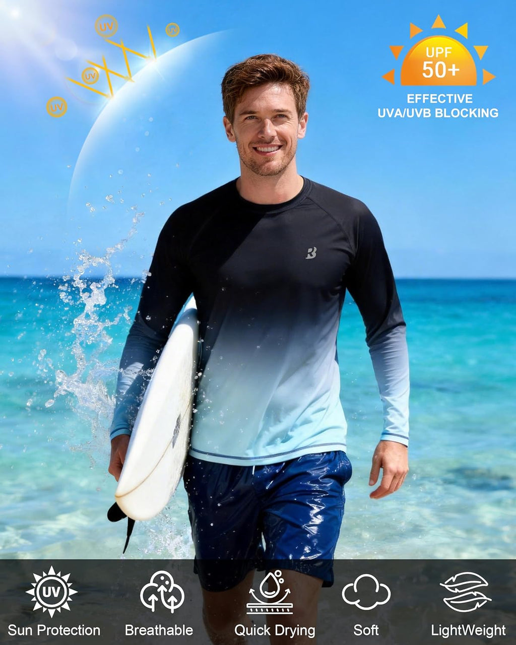 Roadbox Men's Long Sleeve Swim Shirt - UPF 50+ UV Sun Protection Rash Guard | Quick Dry SPF T-Shirt for Beach & Fishing