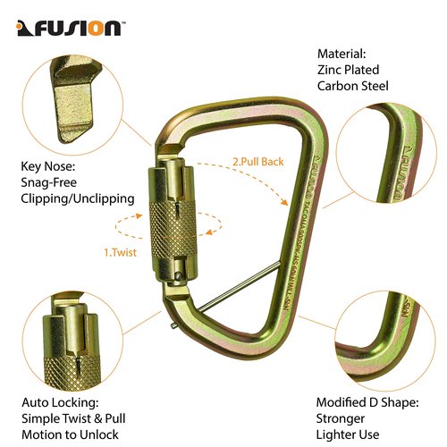 Auto Locking Carabiner 50KN- Fusion Climb® Tacoma- Professional Rock Climbing Carabiner- Heavy Duty Steel- Auto Locking Carabiner for Climbing, Rappelling, D Shaped, Captive Pin- UIAA