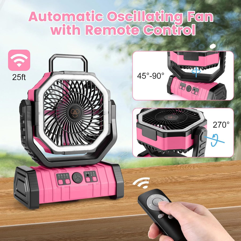 Odoland 30000mAh Camping Fan - Rechargeable LED Lantern & Oscillating Tent Fan | Portable with Remote, 4 Speeds, Pink