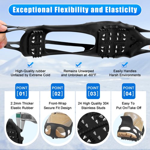 Ice Cleats for Shoes and Boots, Snow Traction Cleats Crampons Anti Slip 24 Steel Grippers Shoe Spikes Grips for Snow and Ice Slip-on Snow Cleats Overshoes for Women Men Winter Walking Hiking Fishing