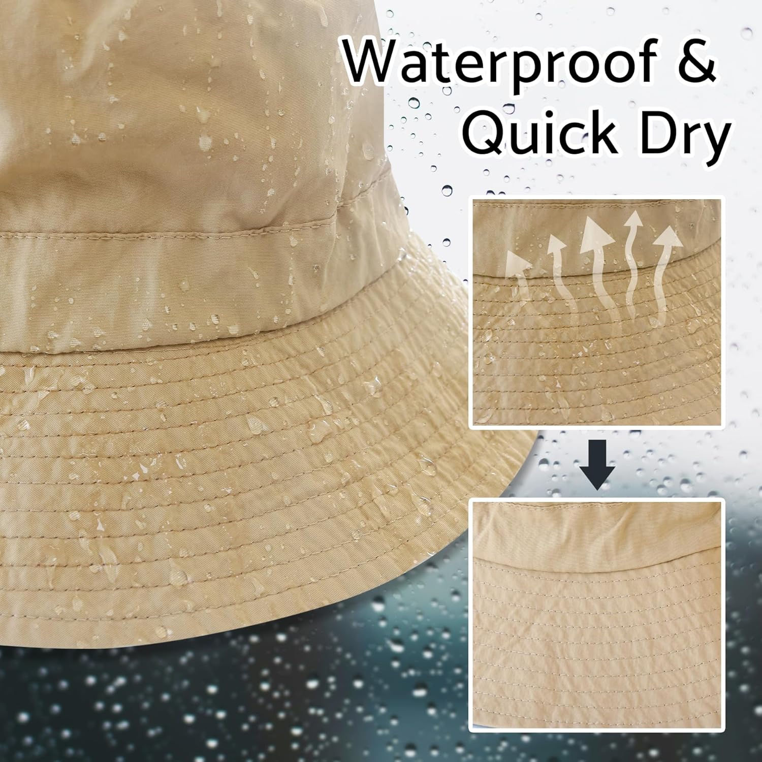 PFFY Quick Dry Waterproof Bucket Hat - Packable Outdoor Sun Hat for Men & Women with Detachable Chin Strap