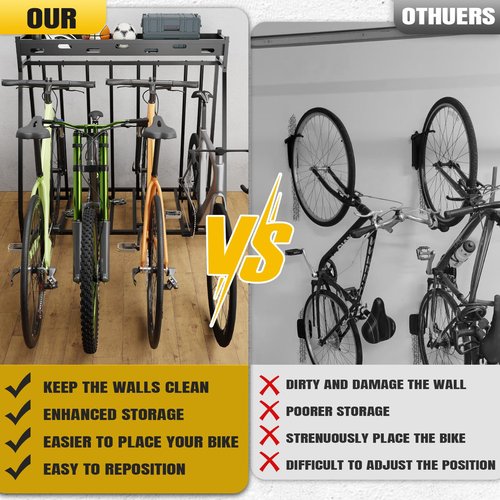 Hedyzone 4 Bike Stand Steady Bike Rack Garage with Baskets Storage Indoor Bike Storage Rack Metal Floor Bicycle Station for Parking Suitable for Mountain, Hybrid, Adult and Kids Bikes