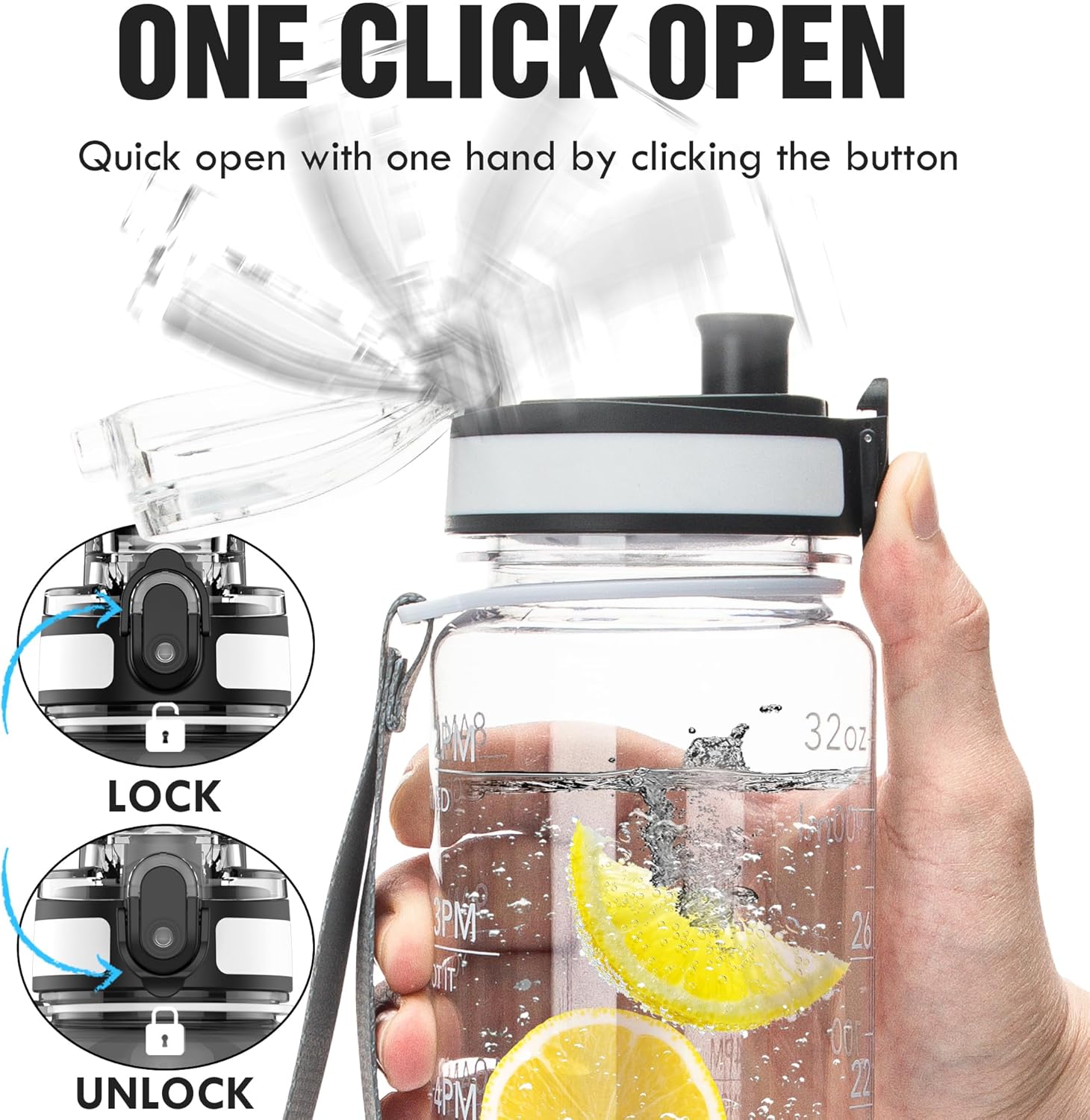 OLDLEY 32oz Motivational Sports Water Bottle - BPA Free, Leakproof, Time Marker, Clear Design