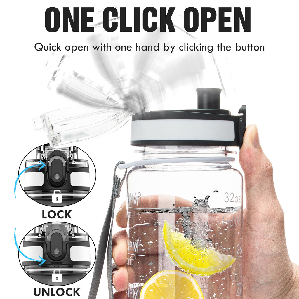 OLDLEY Water Bottle, 32oz Motivational Sports Water Bottle with Time Marker - Times to Drink - Tritan, BPA Free, Wide Mouth Leakproof, Glacier (1 Bottle)