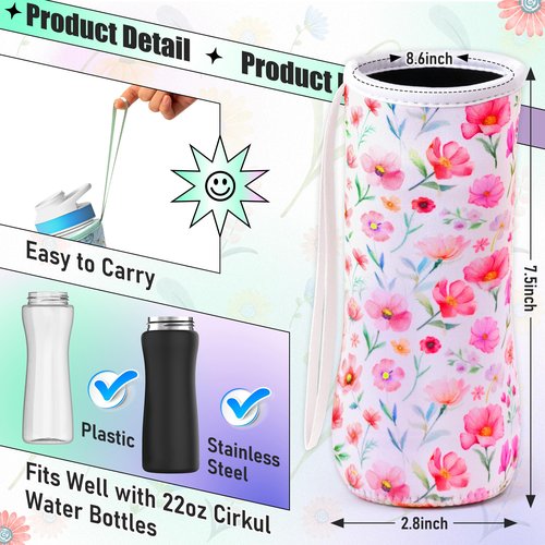 2ooya Water Bottle Sleeve for Cirkul 22 oz 3Pcs Flower Neoprene Insulated Water Bottles Cover Holder Carrier Bag with Handle Strap Compatible with 22oz Plastic & Stainless Steel Cirkul Accessories