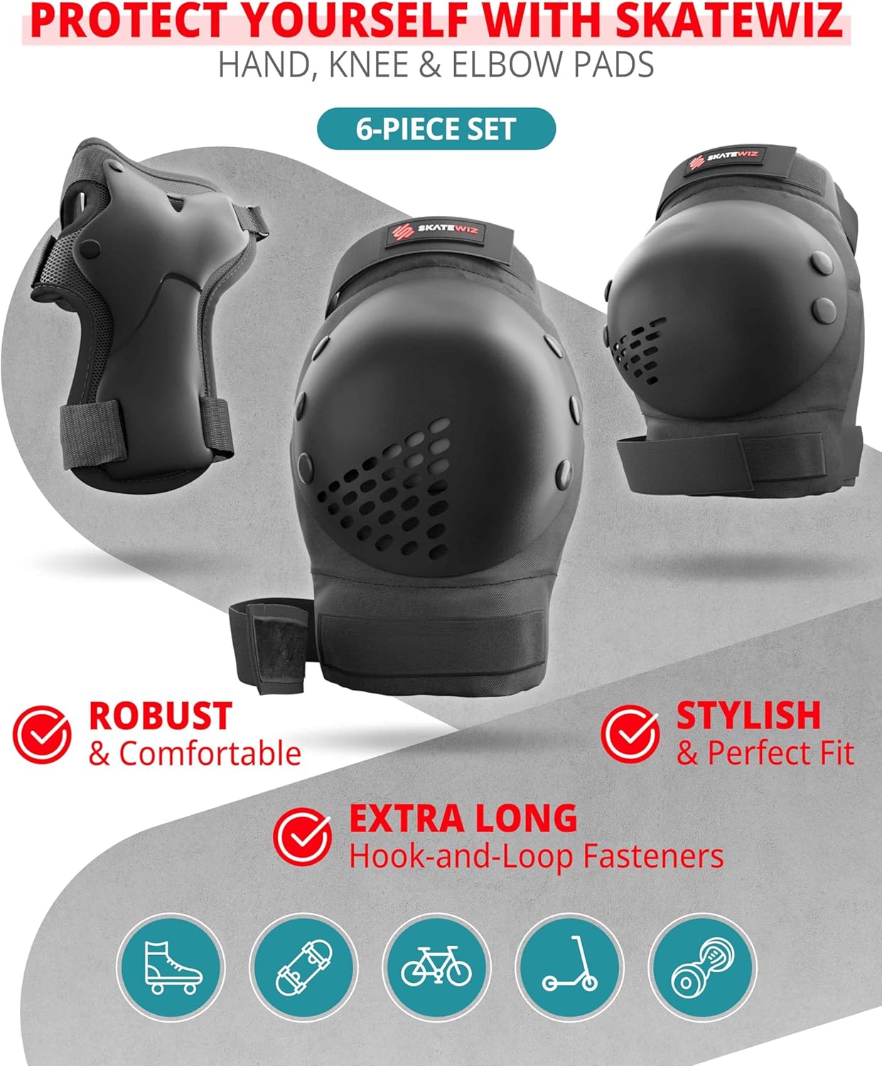 SKATEWIZ Skateboard Protective Gear Set - 6-Piece Smash Pads with Wrist Guards for Kids & Adults