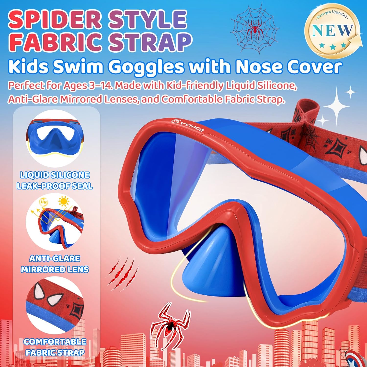Vvinca Kids Swim Goggles - Anti-Fog & UV Waterproof with Nose Cover | Adjustable Fabric Strap for Ages 3-15
