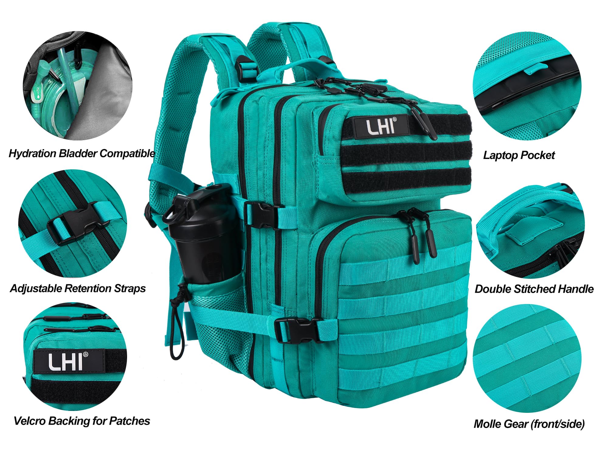 LHI Tactical Military Backpack for Men and Women 25L Army Assault Pack Bag Large Rucksack with Molle System-Lake Blue