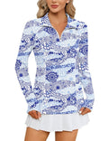 LOMON Womens UPF 50+ Sun Protection Hiking Shirts Quick Dry Long Sleeve Workout Golf Tops Lightweight Running Pullover(White Blue Print,L)