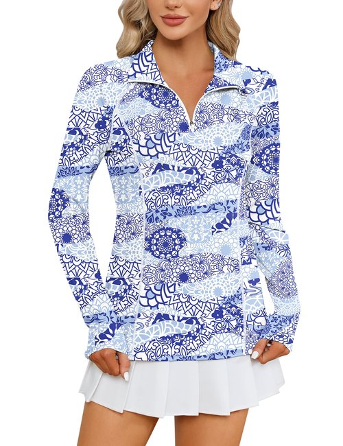 LOMON Womens UPF 50+ Sun Protection Hiking Shirts Quick Dry Long Sleeve Workout Golf Tops Lightweight Running Pullover(White Blue Print,L)