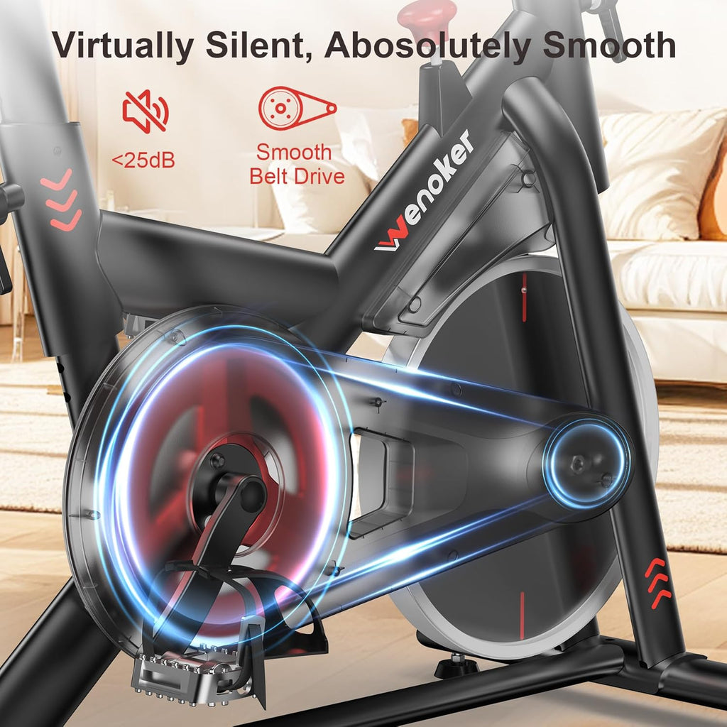 Wenoker Exercise Bike for Home – 350LB Indoor Cycling Bike, Silent Stationary Spin Bike with App Sync, Adjustable Seat, LCD Monitor, Smooth & Quiet for Cardio Workout