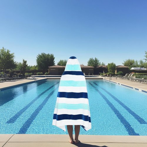 COTTON CRAFT Oversized Hooded Beach Towel - 39 x 68 Super Soft 100% Cotton Velour - Quick Dry Cabana Stripe Blue