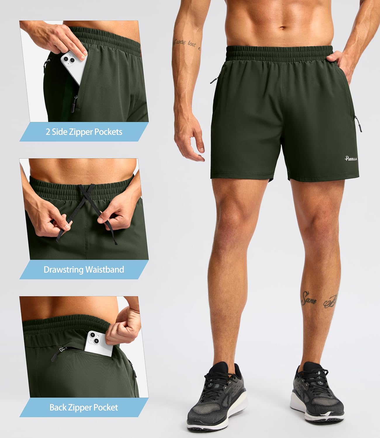 Pudolla Men's Running Athletic Shorts - Lightweight Quick-Dry Gym Shorts with 3 Zipper Pockets | 5"/7" Sizes
