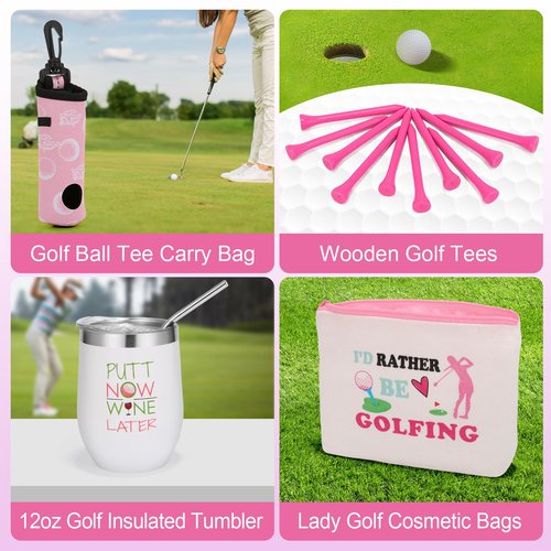 20 Pcs Pink Golf Accessories Kit Include Wine Tumbler Hat Clip Golf Tees Towel Makeup Bag Ball Bag with Hook Cleaner Brush Divot Tool with Magnetic Ball Marker Gifts Set for Women Ladies Golfer