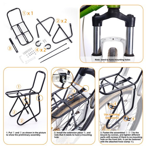 HOMEE Bicycle Front Rack, 15KG Capacity Bike Cargo Rack, Mountain Road Bike Cycling Equipment Stand Foot Stock for Cargo Luggage Picnic Carrier Rack